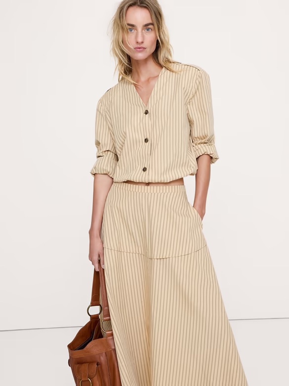 Banana Republic Beige and Gray Striped A-Line Midi Skirt
